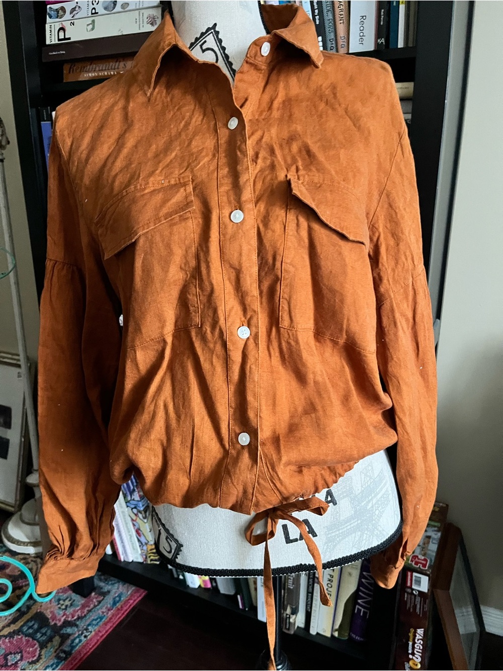 En Thread Linen Blend Women's Rust Button-Front Utility Shirt Jacket